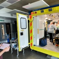Senior Lecturer in Paramedic Science Andy Mackintosh supervises East Midlands Ambulance Service professionals as they use our ‘simbulance’ (model ambulance).