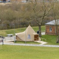 An aerial shot of the forest school tipi at Waterside campus.