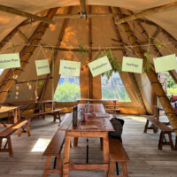 Inside view of the Forest School, showing signs on a string that shows 'Action Plan', 'Conclusion', 'Analysis', 'Evaluation', and 'Feelings' used as part of an education activity.