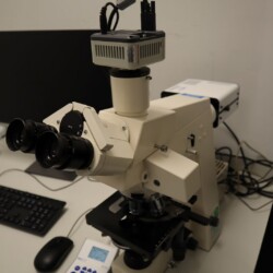 A compound microscope with an attached camera is placed on a desk next to a computer keyboard, mouse, and a digital control pad.