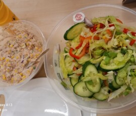 Image of two bowls, one tuna and sweetcorn and the other salad such as cucumber, lettuce and peppers