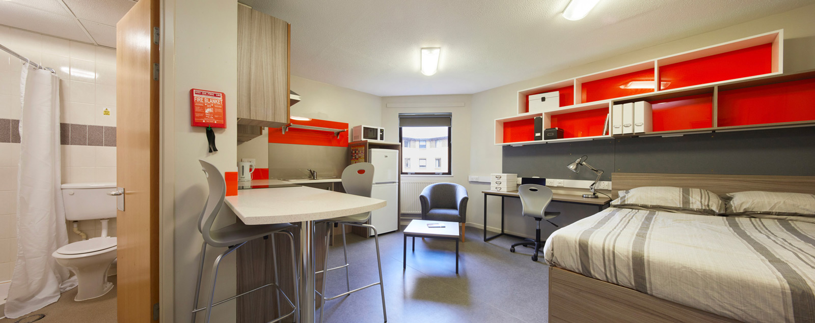 Open plan kitchen and bedroom area in single studio at Scholars Green