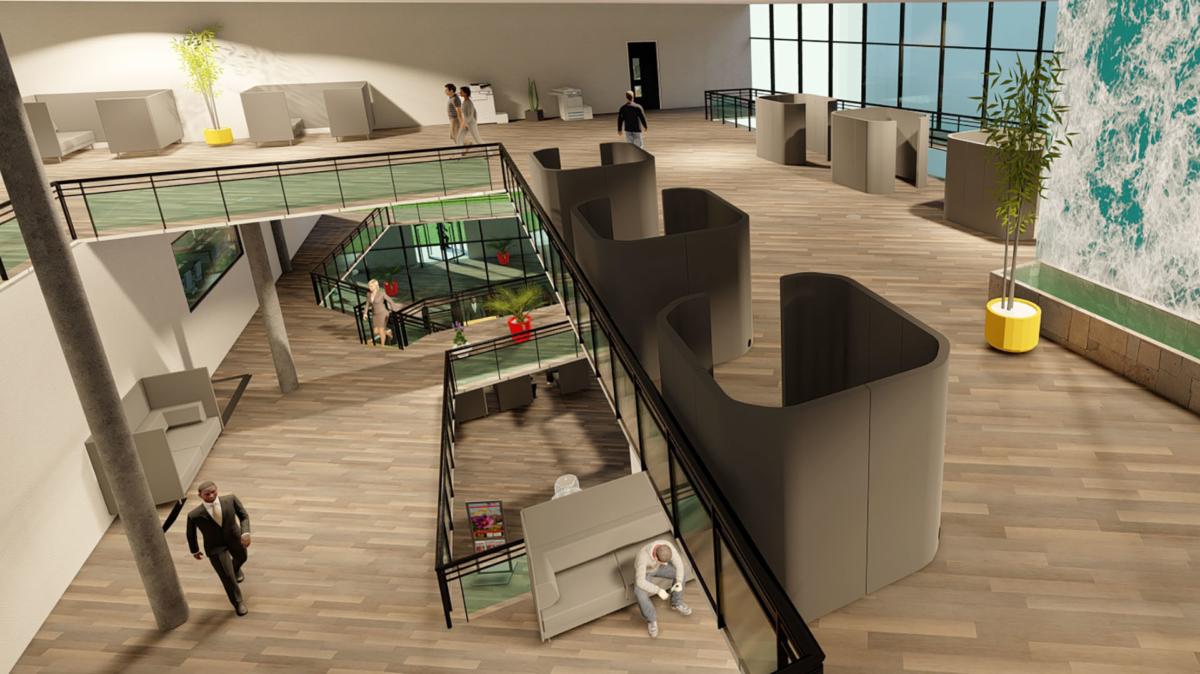 Interior Computer render of Atrium looking down from the third floor balcony toward the reception