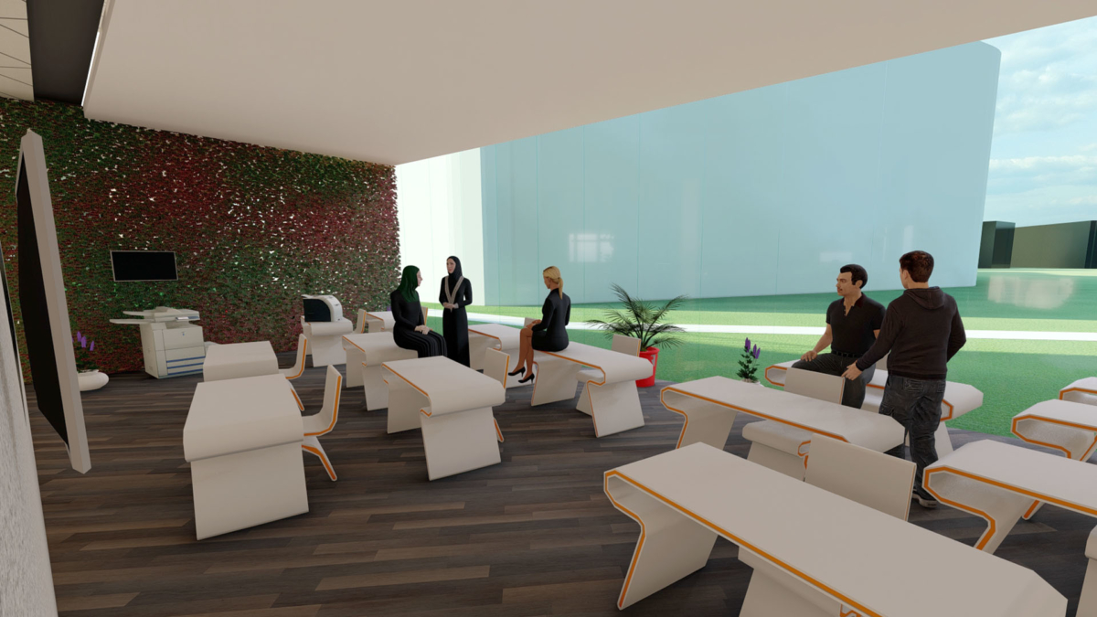 Interior computer render of shared office space. One wall is glass with a view of surrounding buildings. There are screens on two of the other walls and a number of desks