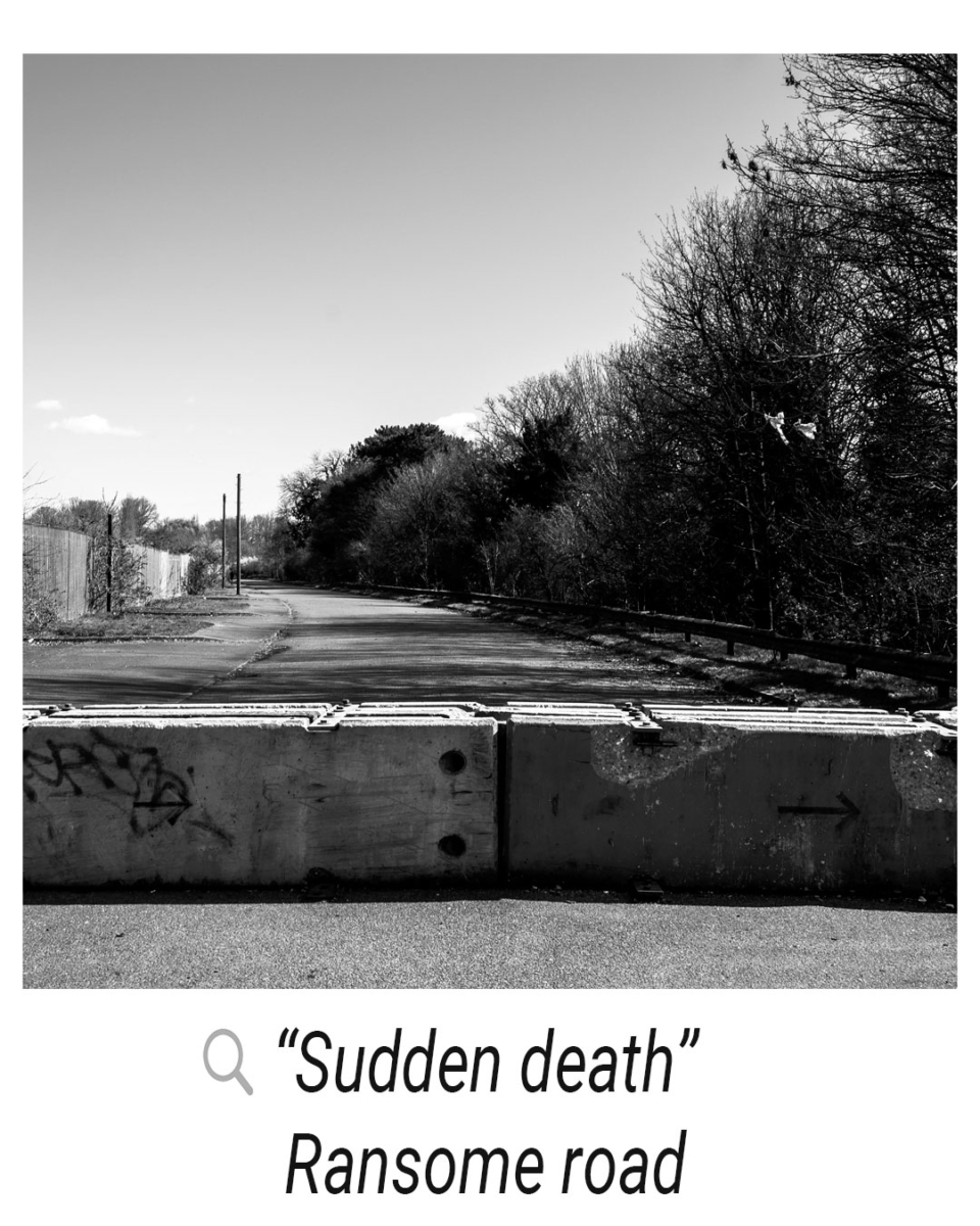 A blockade in the middle of the road to restrict caravan drivers/ gypsies from living there with a quote alongside it “Sudden death”, Ransome road
