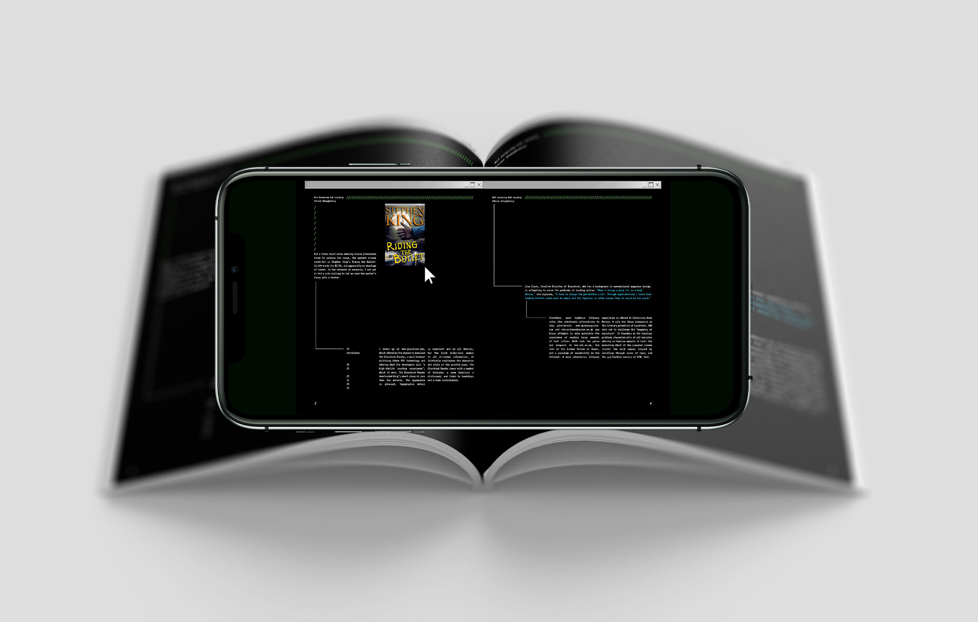 Smart phone above magazine showing AR motion graphics on screen