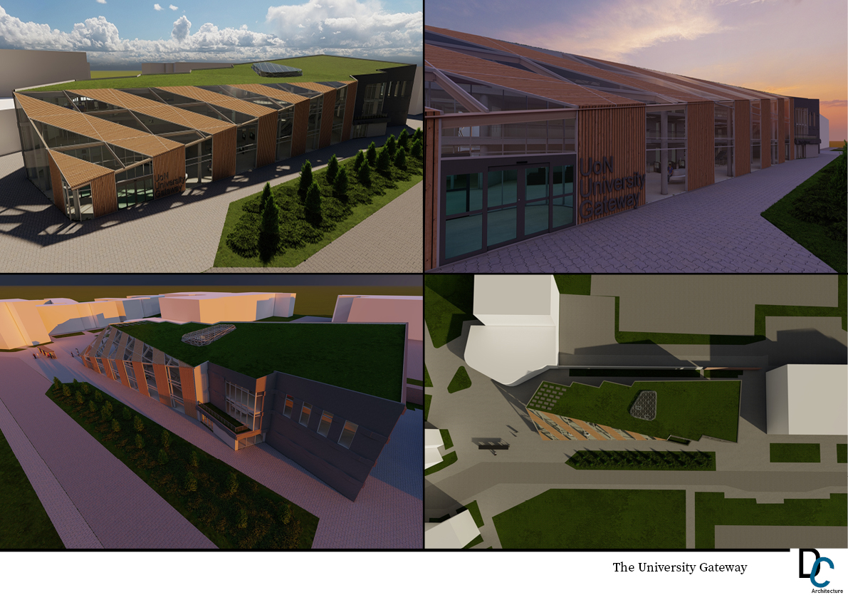 A collection of four images showing different views of the proposed University Gateway building. The building is 3 story clad in wood and glass with a green roof.