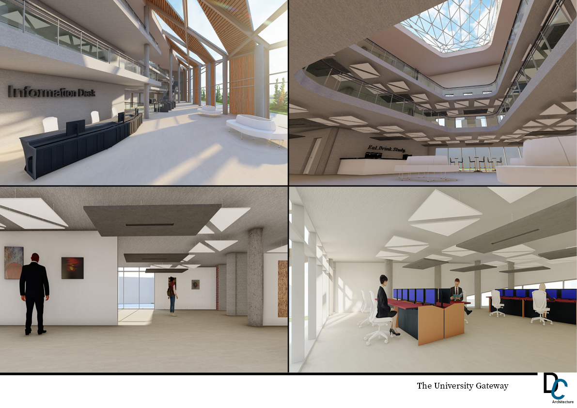 A collection of four images showing interior views of of the interior spaces of the proposed University Gateway. Views show the reception, atrium, gallery and office spaces.