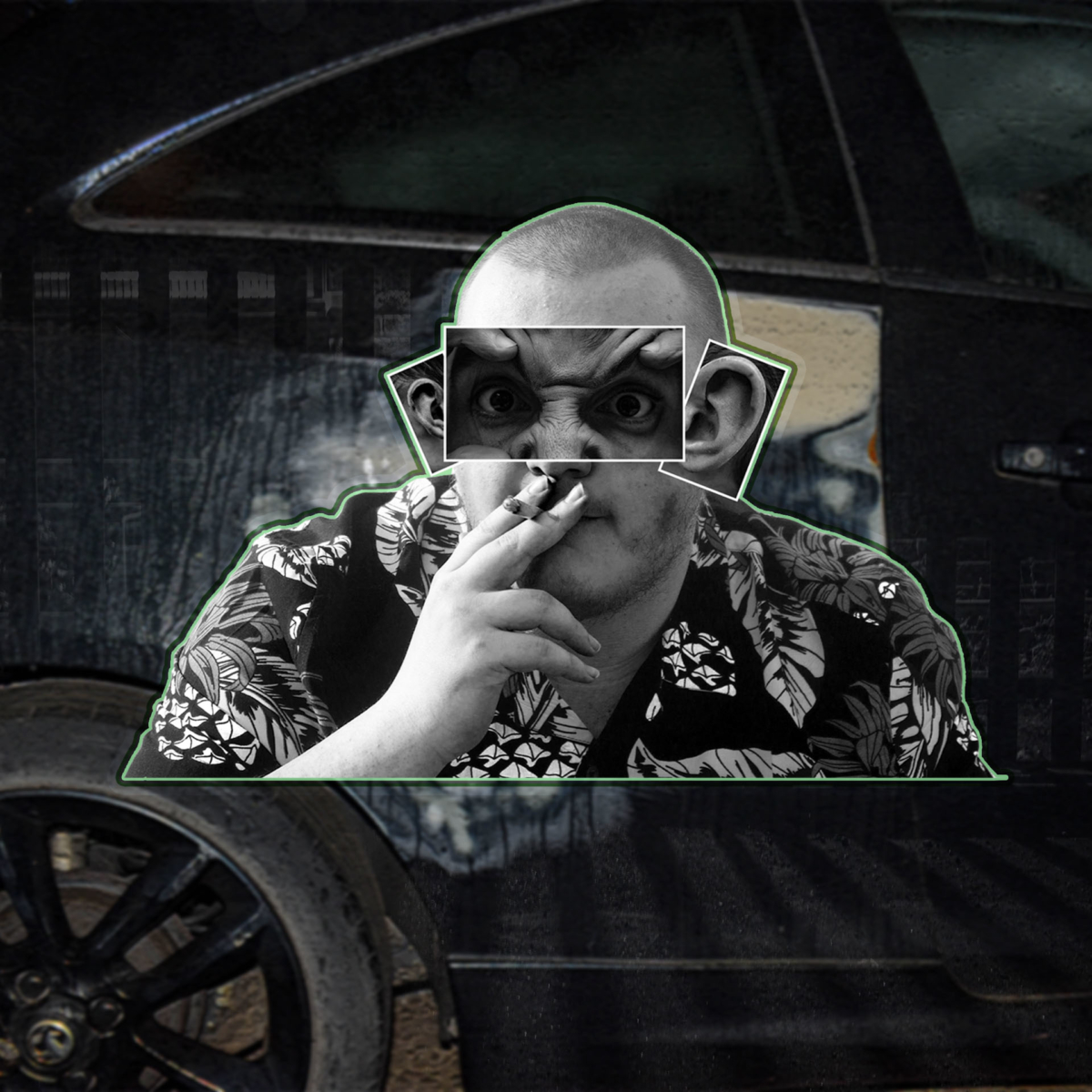 Lil' Ghetto Boy - Dr. Dre is the sound of urban streets. We hear a fusion of jazz and hip hop. This blend was flashy but pays homage to it's roots of the streets. The car in the background is to represent the flashy but still rustic vibe to the song. My subject is to represent the 'intimidating hard get away' look that the song also portrays.