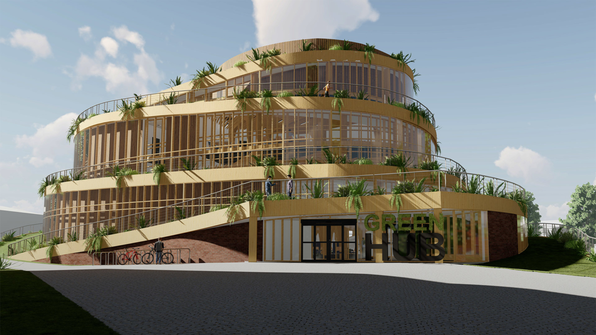 Computer Render of Proposed Green Hub seen from ground level looking up at a layered four storey building.