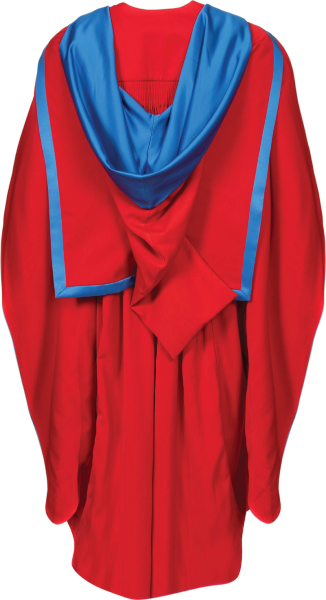 Doctor of Philosophy graduation gown from the back