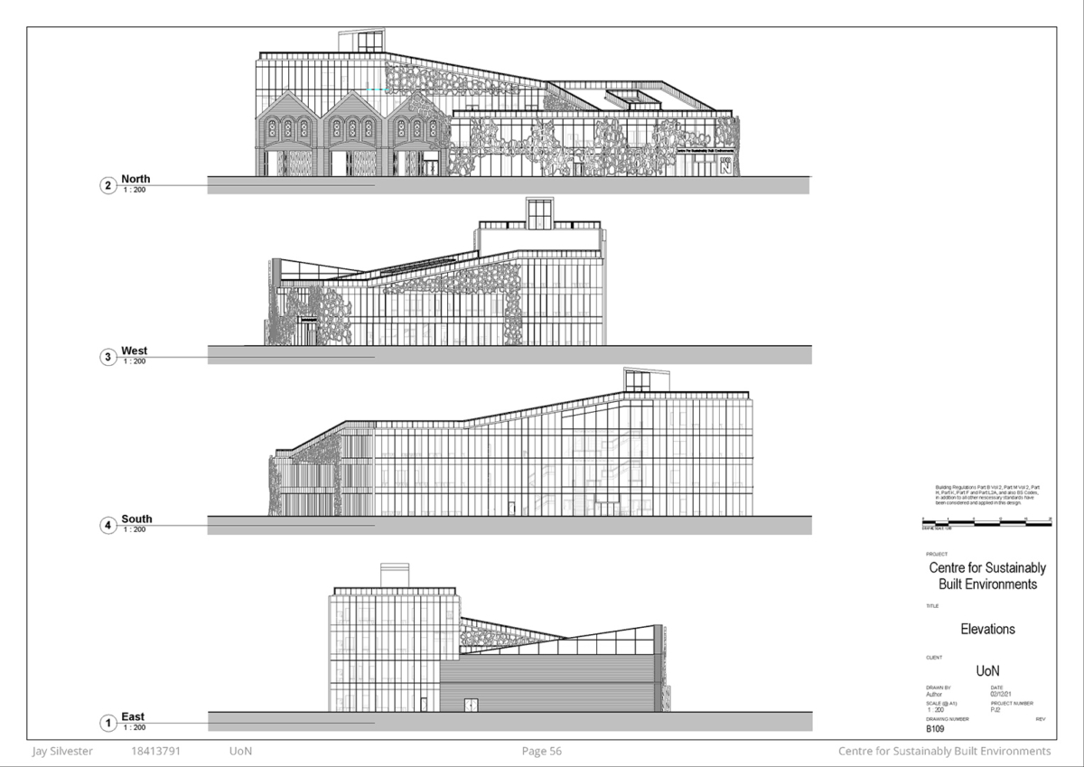  Four Elevations of the Centre for Sustainably Built Environments Top to bottom are North, West, South and East elevations