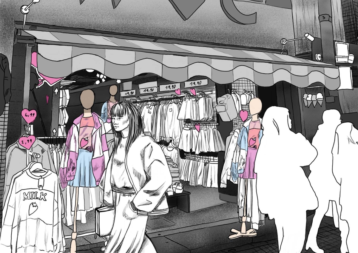 A grey scale illustration showing a women passing by a very stereotypicaly feminine clothing store on her way to the subway station early in the morning