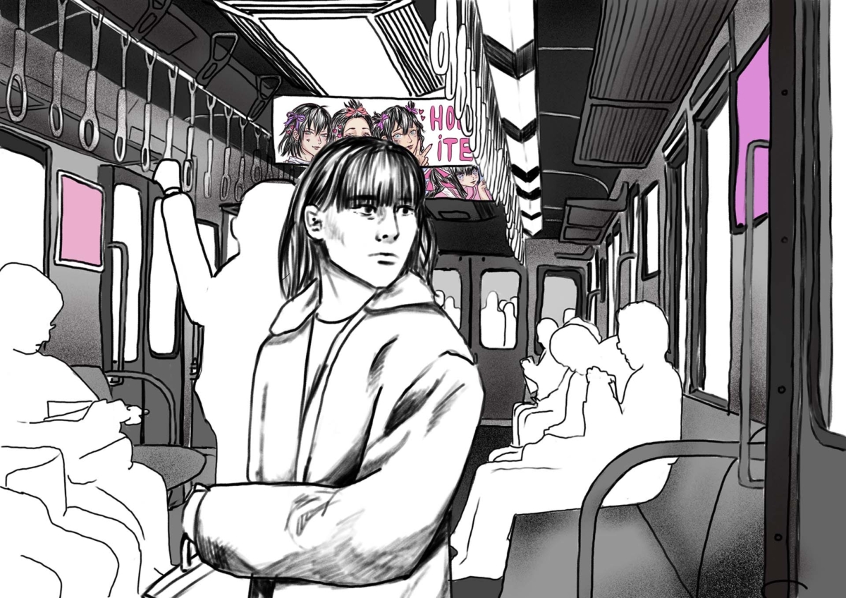 A grey scale illustration showing a women commuting to work by train full of people and female targeted advertisements hanging above behind her.