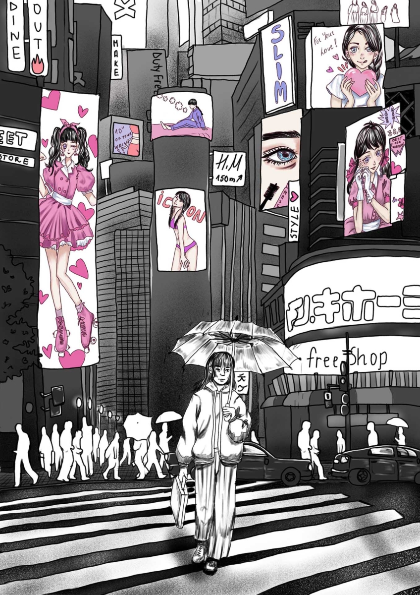 A grey scale illustration showing a women walking through the busy city full of advertisements and imagery of ideal women, done in pinks and purples, after her working hours.
