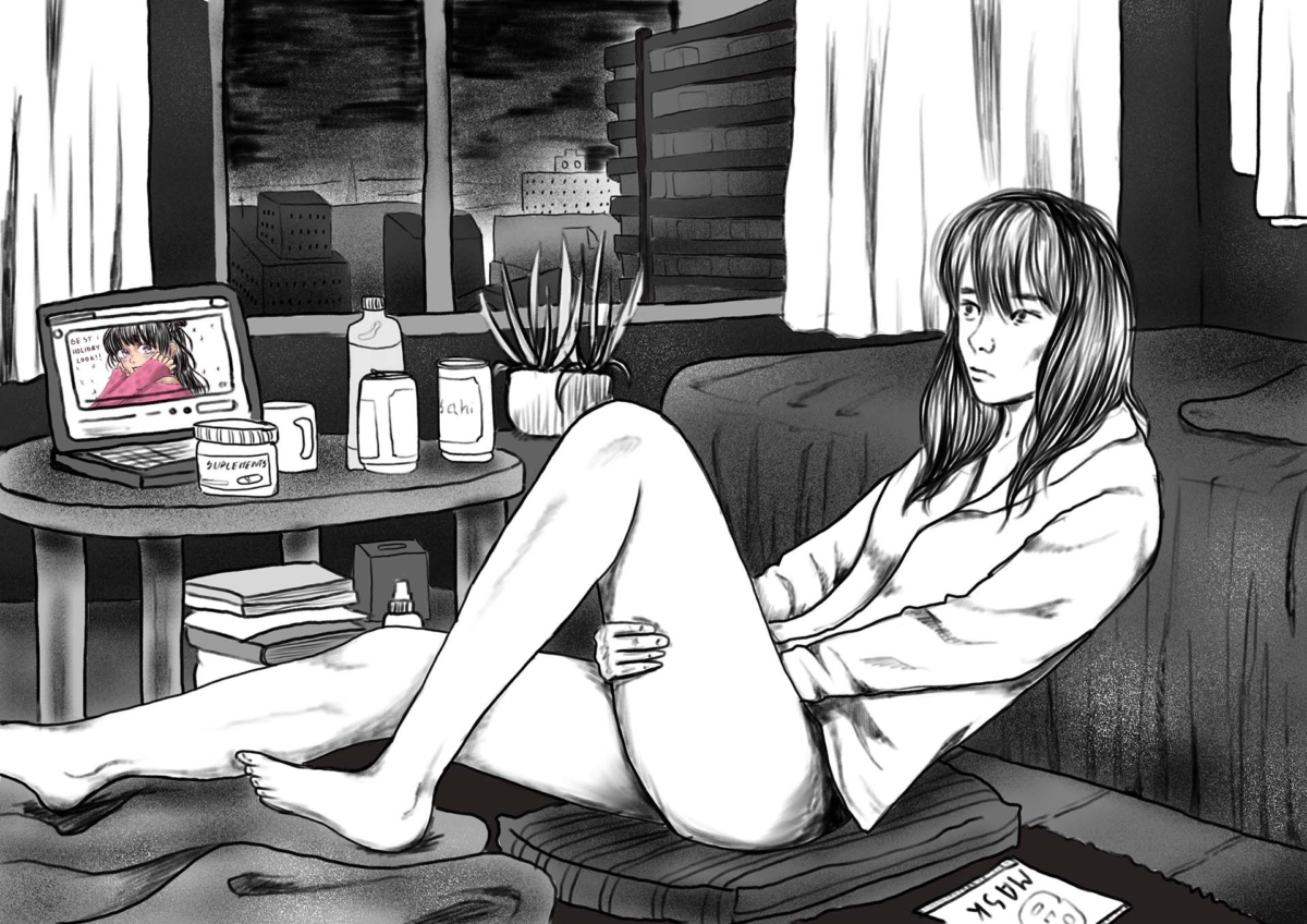 A grey scale illustration showing a women in her bedroom resting after a long day while a beauty related video, coloured in pinks and purples, plays in the background.