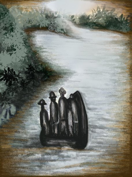 Illustration from The Invention of Morel of four people in a boat