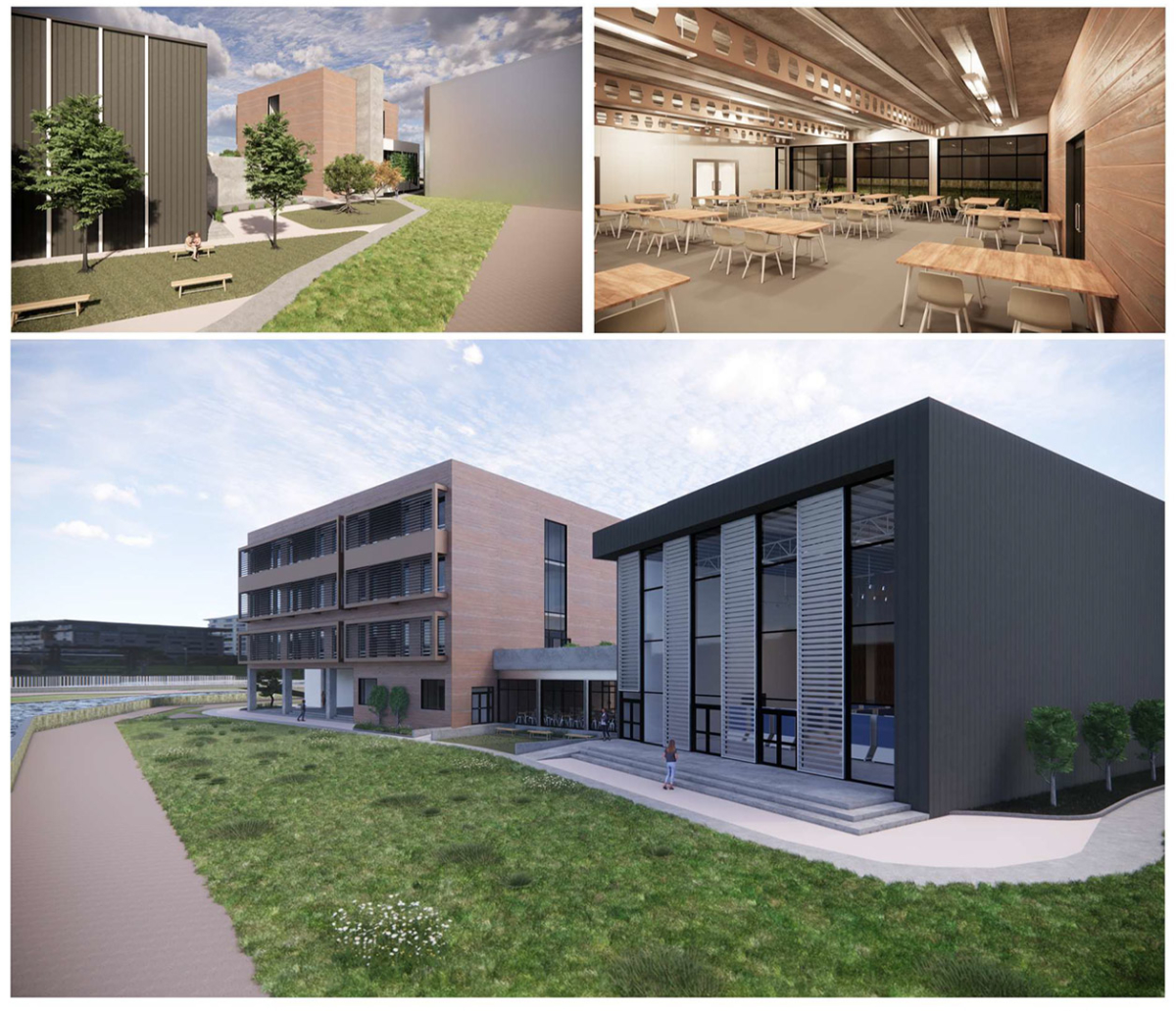 2 exterior views and interior view of the proposed Centre for Excellence for Sustainable Built Environment