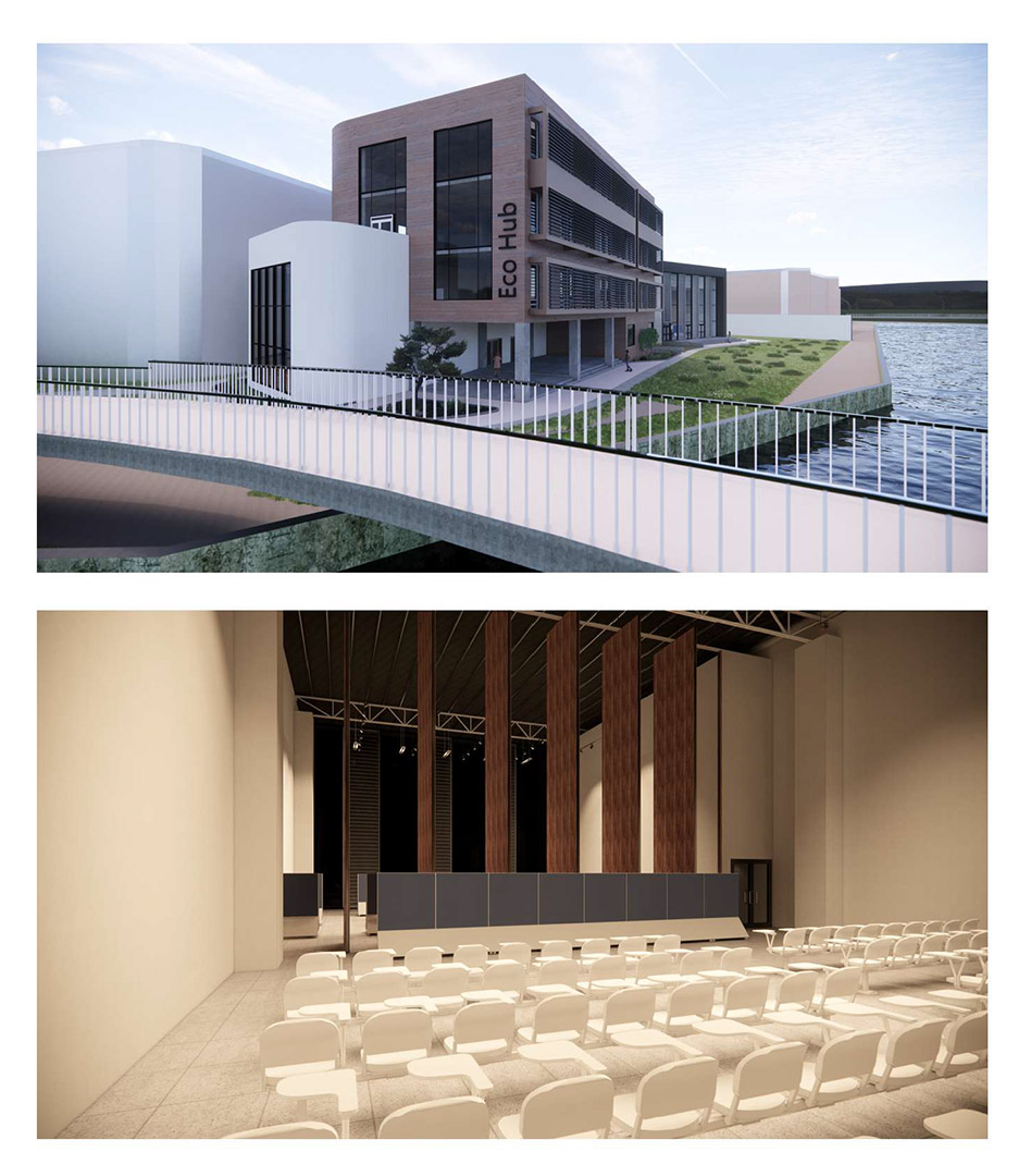 Interior and exterior views of the entrance of the proposed Centre of Excellence for Sustainable Built Enviroment