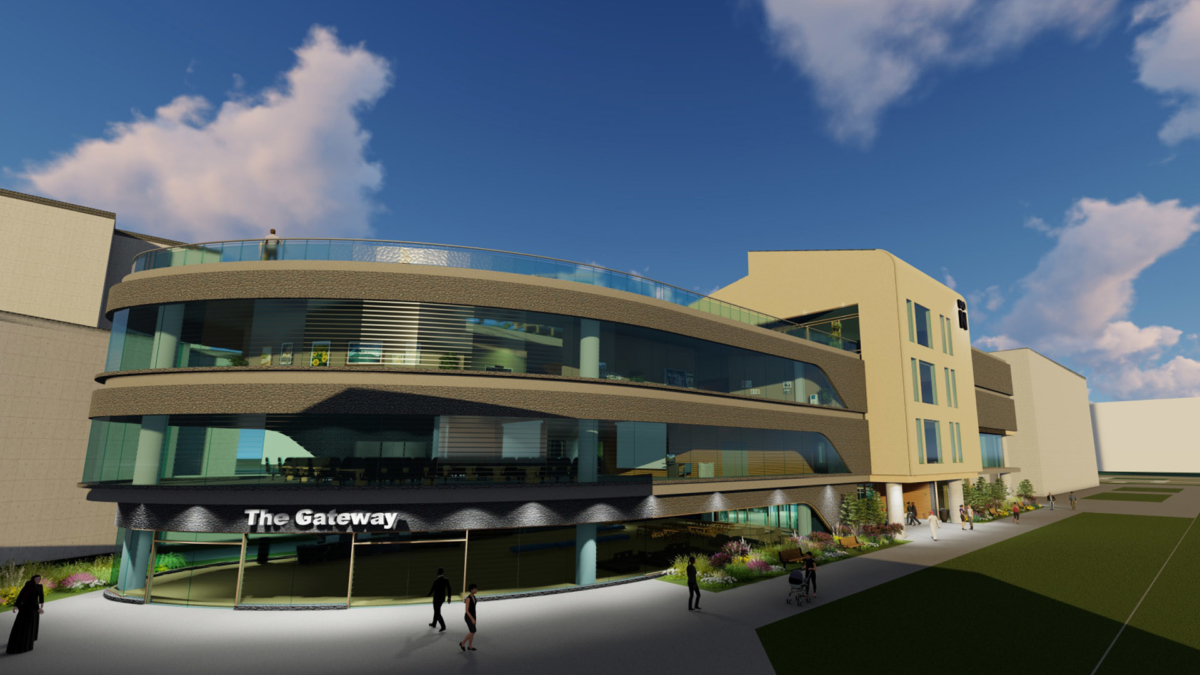 Computer render showing the exterior of the University Gateway from street level. A four storey building with a glass façade.