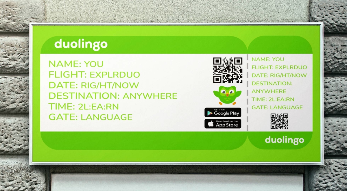 A landscape poster with an old style plane ticket in the Duolingo style.