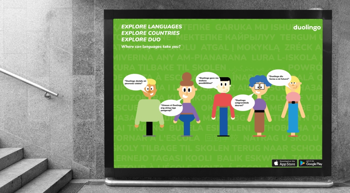 The poster has 5 people speaking the benefits of Duolingo in their own languages.