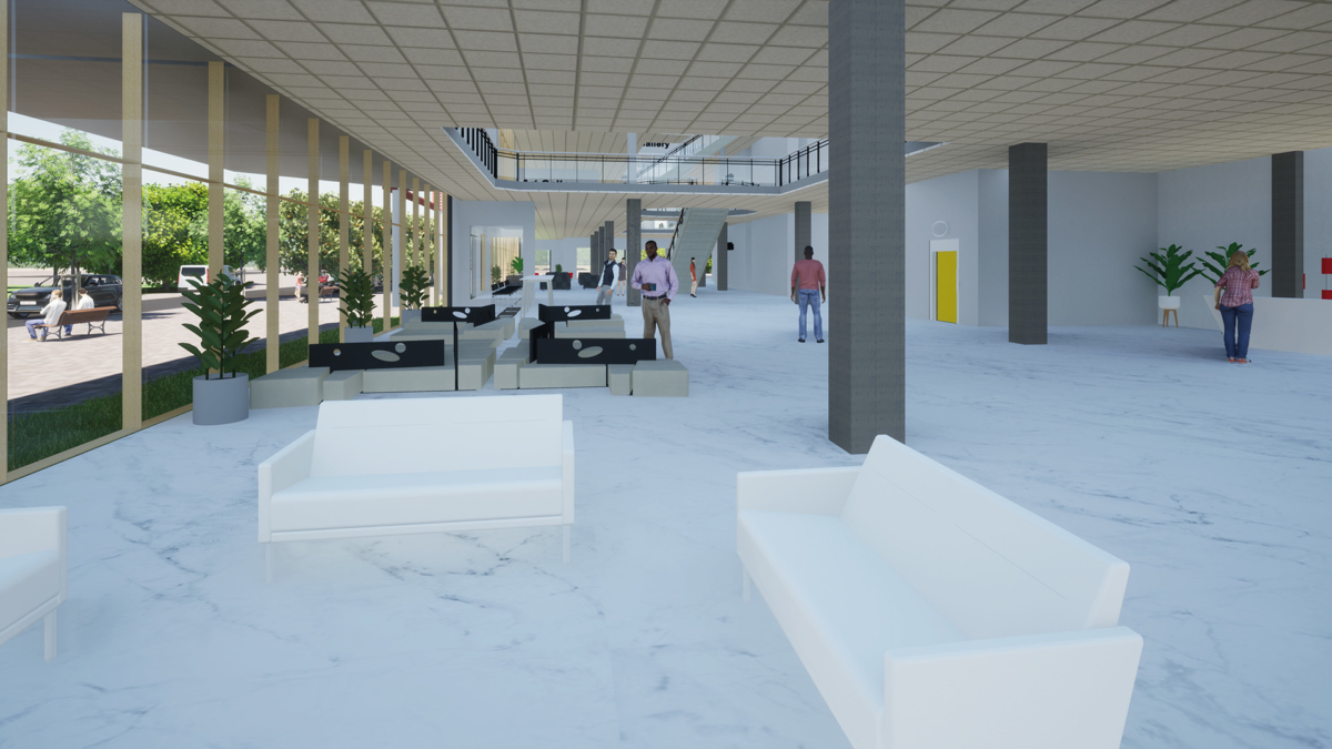 Interior render of the Entrance and Reception and events area. This is a large open space on the ground floor. Floors are marble tiled and there are large windows looking out tot the front of the building.