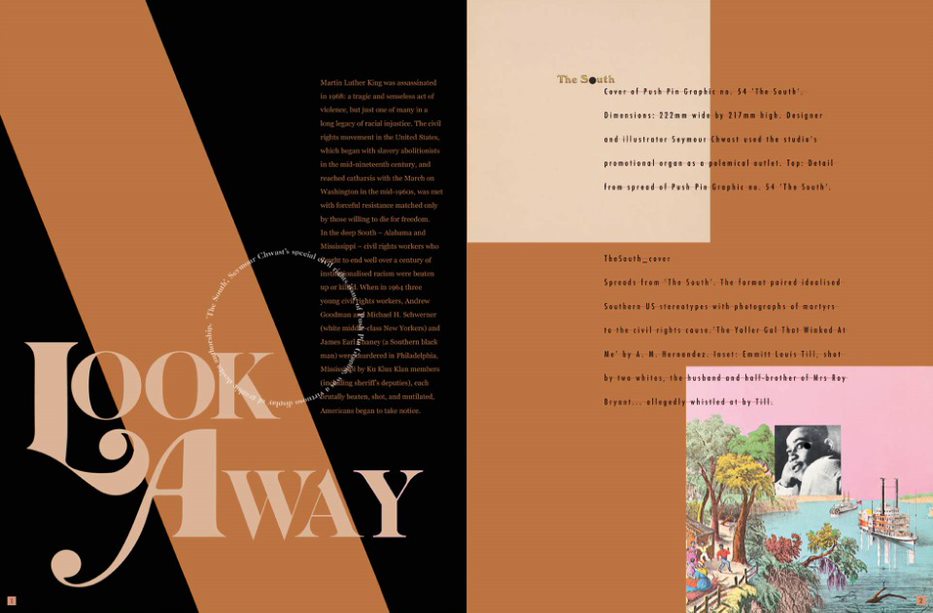 A spread of the look away article, featuring a nude background and large serif text on the bottom left. Accompanied by slim text columns with san serif type as well as two images of adjacent to each other.