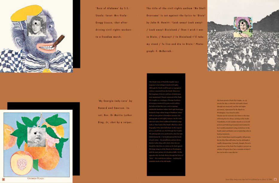 A spread of the look away article featuring a brown background and three images placed in the corners of the spread. Also containing san serif image caption with red strikethroughs and two slim text columns on the right hand side of the spread.