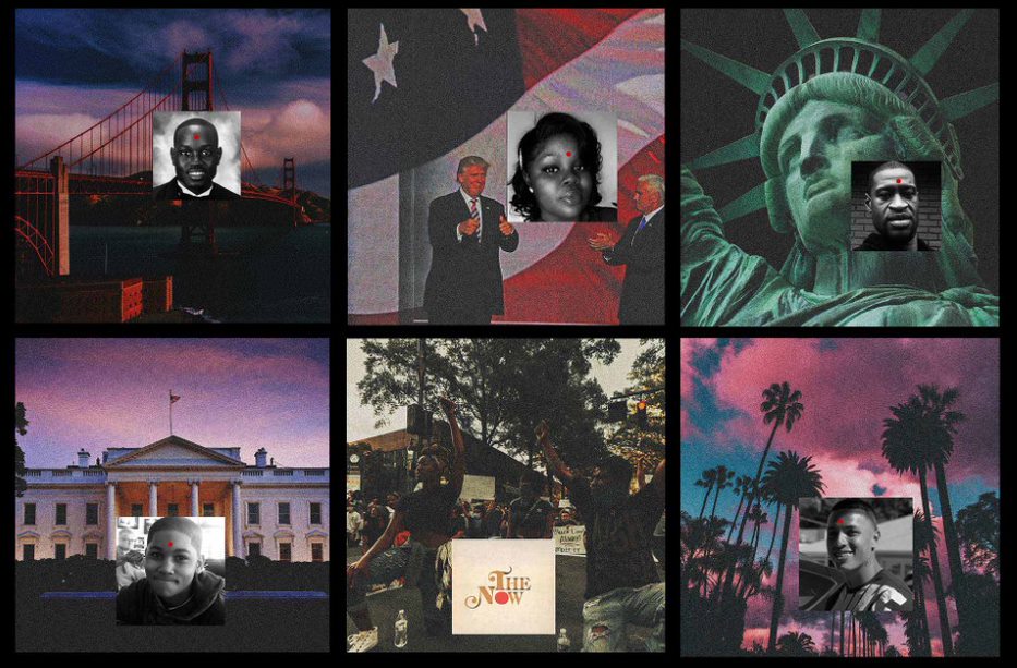 A collection of 6 collages consisting of images of American landmarks like the golden gate bridge and the statue of liberty overlaid with images of black people that were killed by the police.