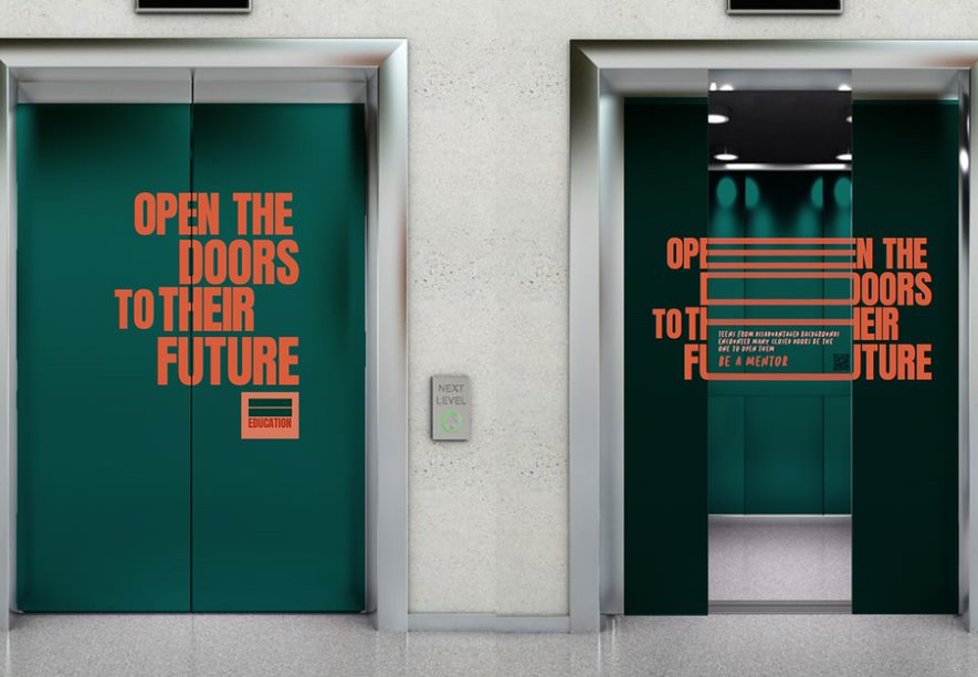 Lift doors ad with overplayed stretched text that says ‘open the doors to their future’