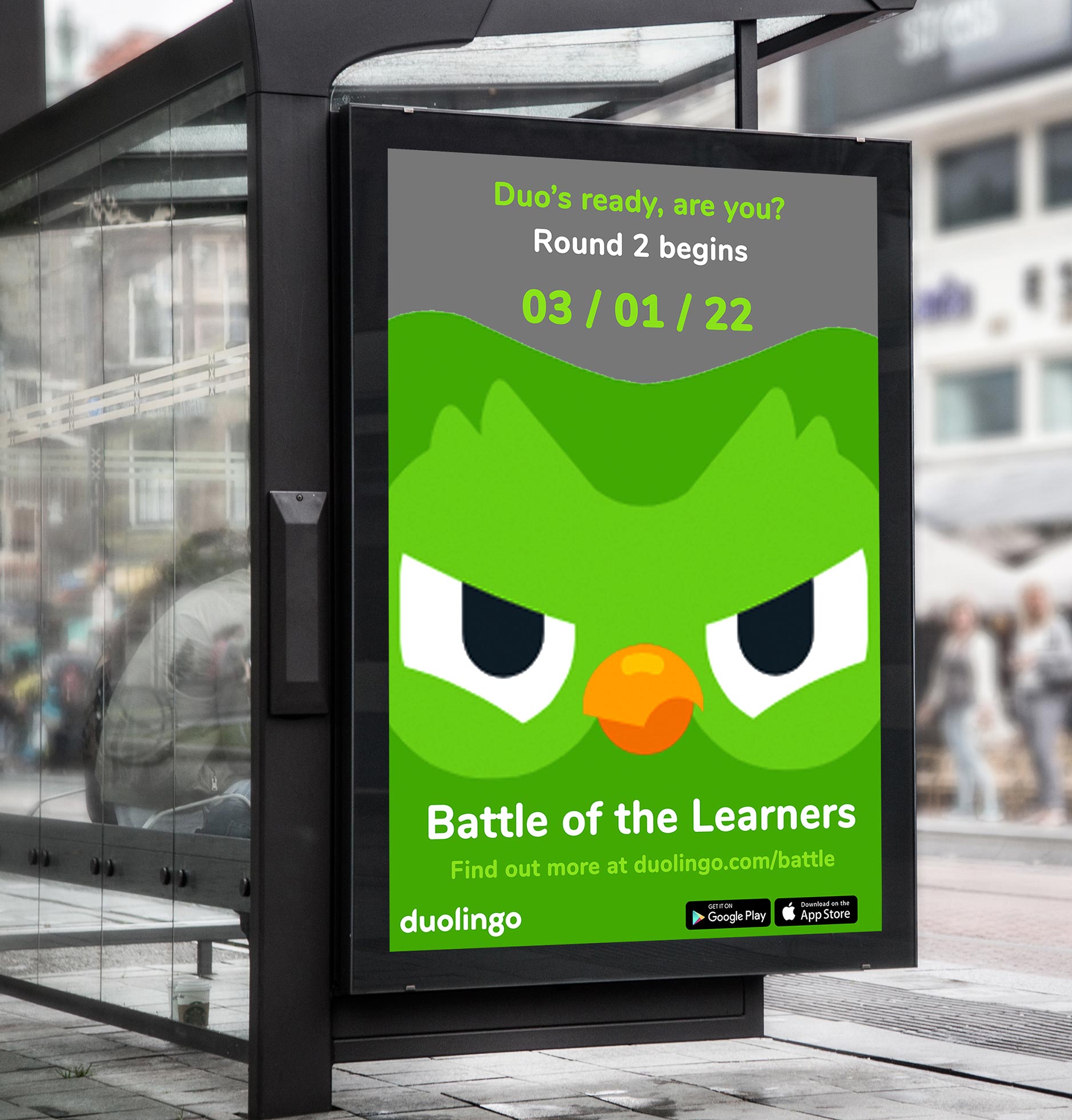 A bus stop poster that promotes the 'Battle of the Learners' campaign