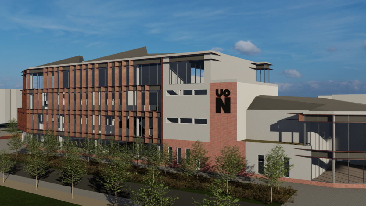 Computer render of the exterior of the proposed University Gateway. A four story brick and glass building.