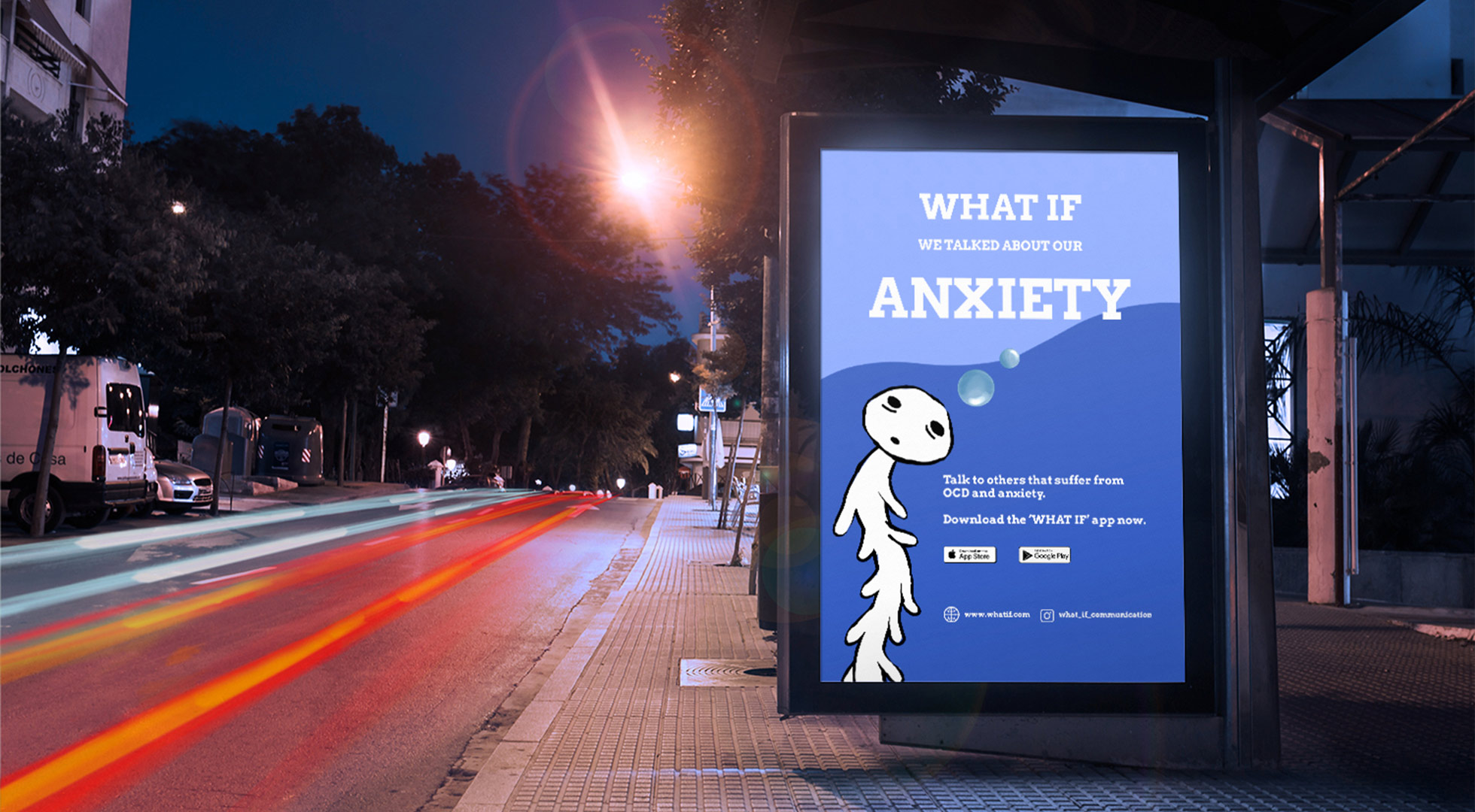 A mock up of an advertisment showing for the What If app at a bus stop