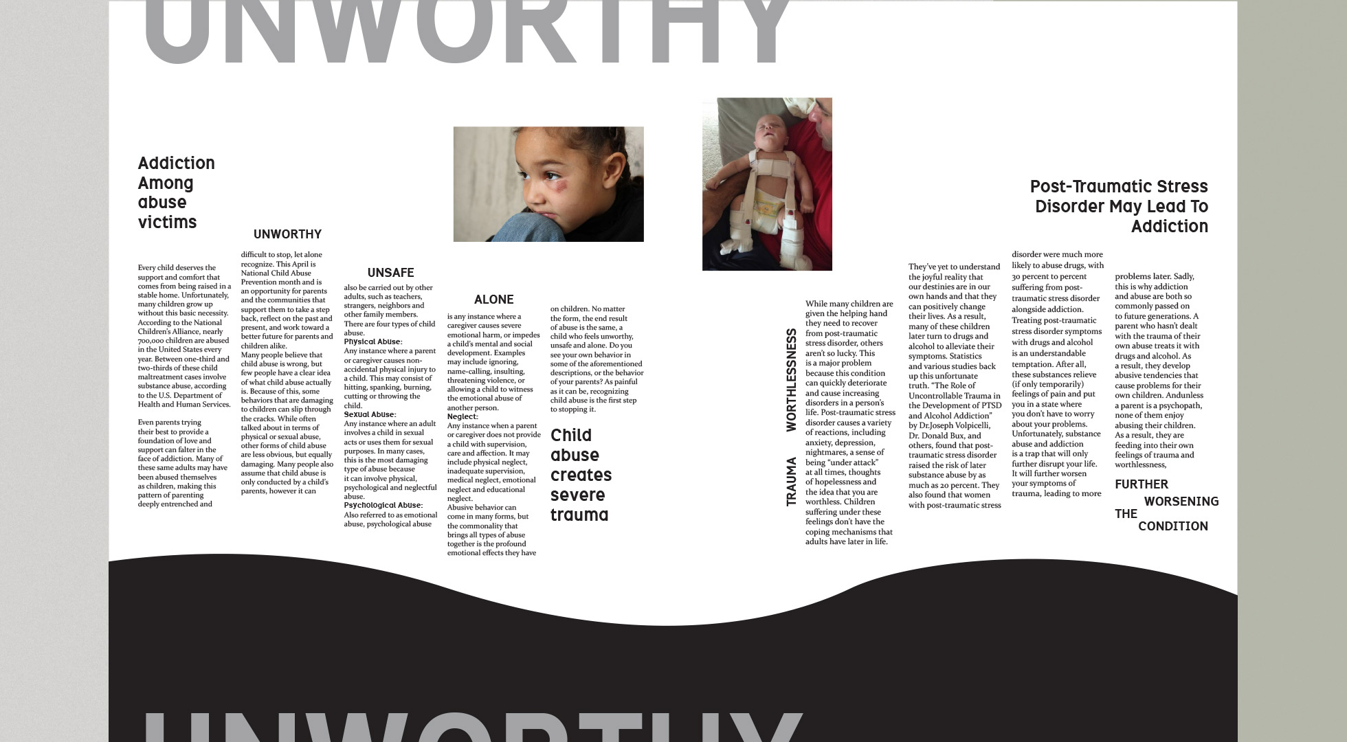 Editorial design about child and drug abuse with shocking images.