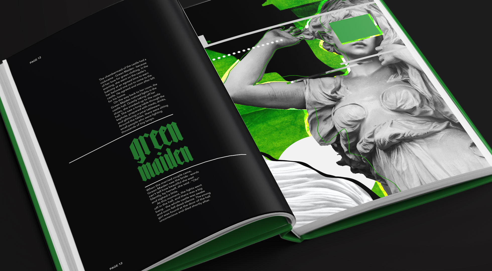A modern double-page editorial design titled Green Maiden with an image of a woman's statue. A page from the "Legend, Myth, or Truth? Book.