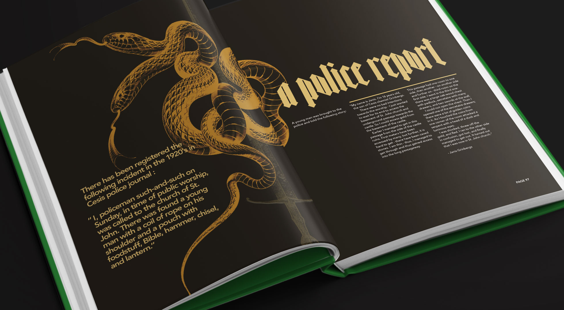 A modern double-page editorial design titled 'A police report'