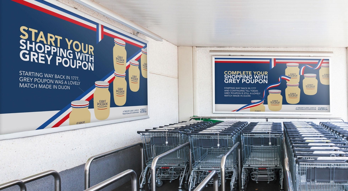 D&AD - Grey Poupon outdoor poster inviting people to begin their shopping with Grey Poupon right from the begging of their journey