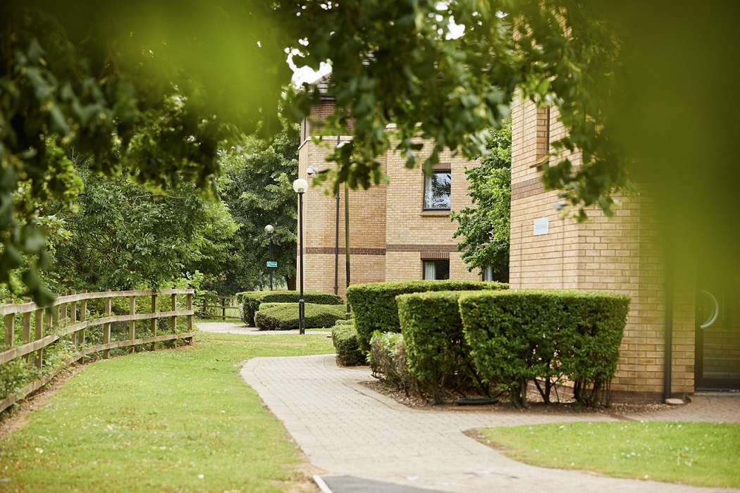 Exterior view of Scholars Green Halls of Residence on Boughton Green Road from treeline