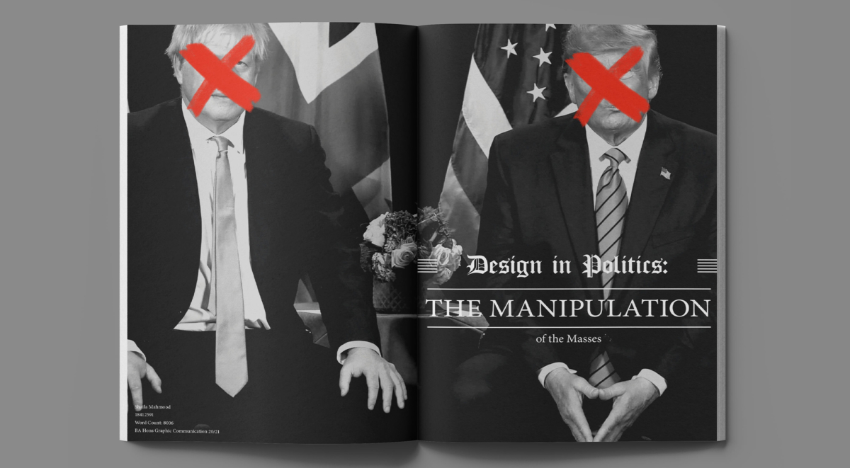An open book with Boris Johnson and Donald Trump with their faces crossed out.