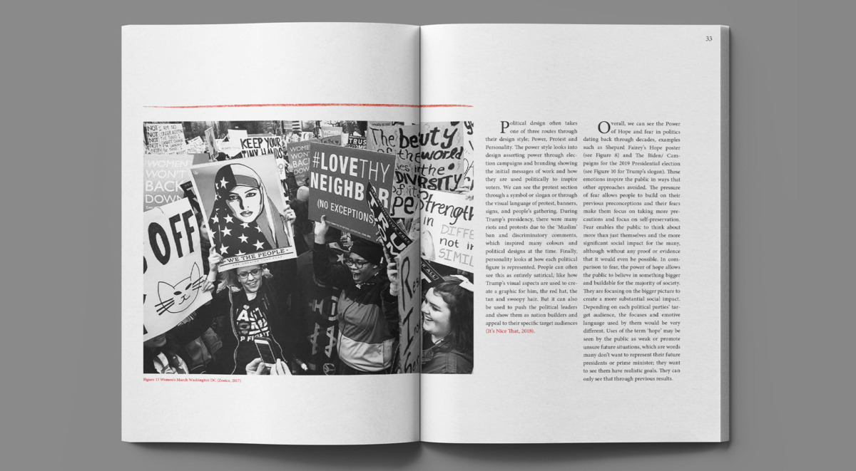 Open book showing an image of a protest and content.